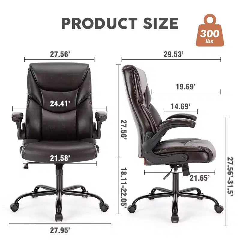 Silla de oficina de cuero sintético negro con reposabrazos plegables y soporte lumbar – 1 persona