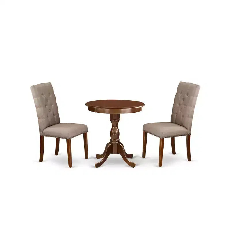 Juego de comedor redondo caqui oscuro, acabado caoba, 2 asientos, 3 piezas