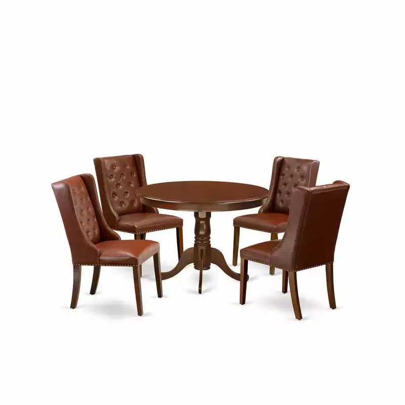 Juego de comedor redondo de 5 piezas de piel sintética marrón, para 4 personas