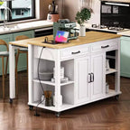47 inch White Kitchen Island with Extendable Dining Table, Rubber Wood Veneer Kitchen Table with Storage 2 Drawers 2 Cabinet
