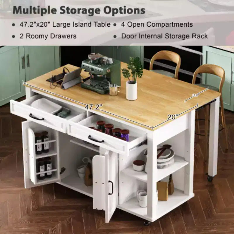 Isla de cocina blanca y madera con mesa extensible, asientos para 2 a 5 personas