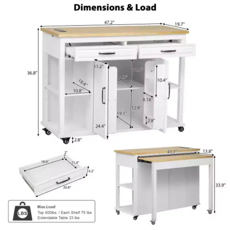 Isla de cocina blanca y madera con mesa extensible, asientos para 2 a 5 personas
