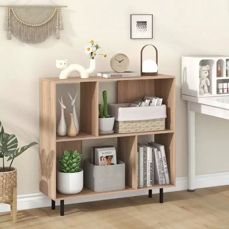 Estantería abierta de 4 cubos de estilo moderno de mediados de siglo en negro/natural/blanco, individual