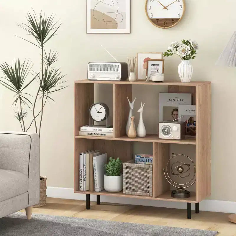 Estantería abierta de 4 cubos de estilo moderno de mediados de siglo en negro/natural/blanco, individual