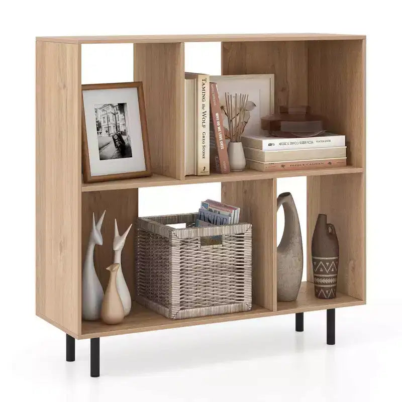 Estantería abierta de 4 cubos de estilo moderno de mediados de siglo en negro/natural/blanco, individual