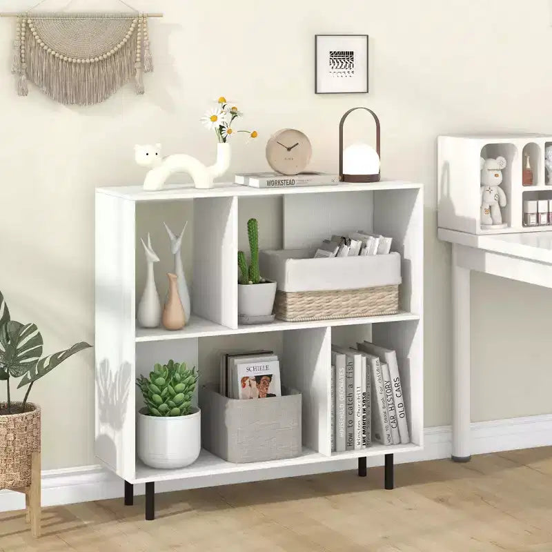 Estantería abierta de 4 cubos de estilo moderno de mediados de siglo en negro/natural/blanco, individual