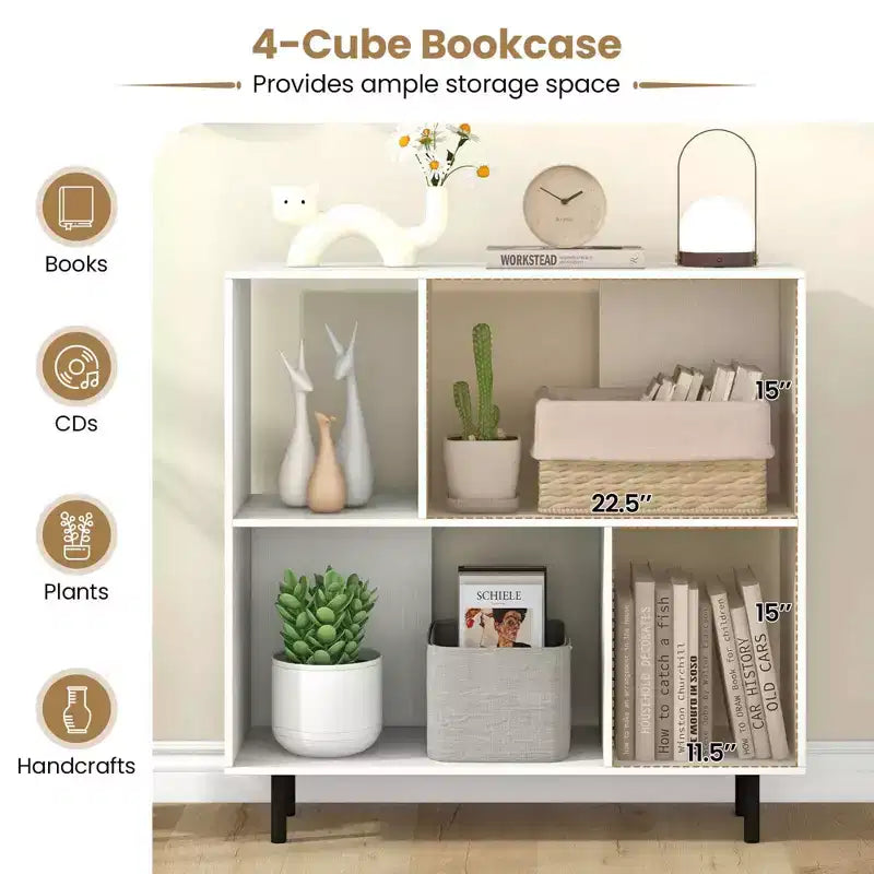 Estantería abierta de 4 cubos de estilo moderno de mediados de siglo en negro/natural/blanco, individual