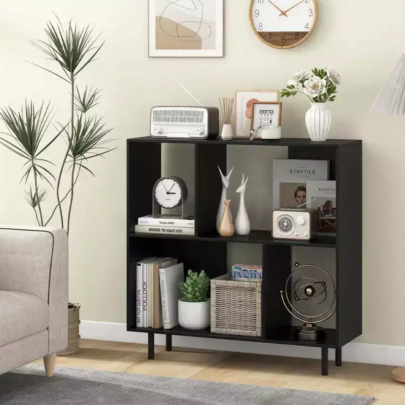 Estantería abierta de 4 cubos de estilo moderno de mediados de siglo en negro/natural/blanco, individual