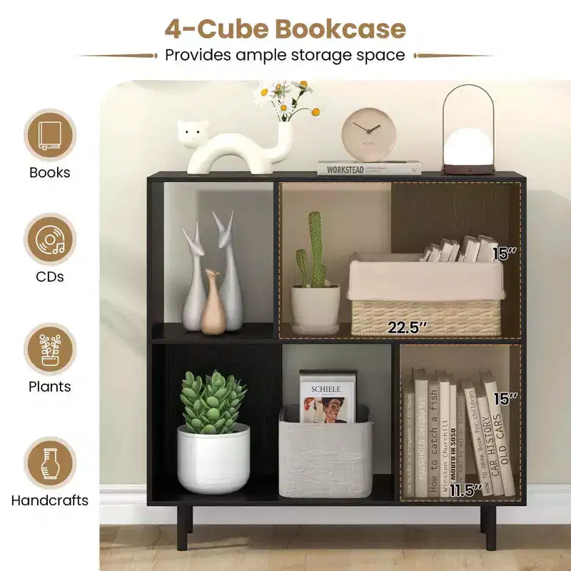 Estantería abierta de 4 cubos de estilo moderno de mediados de siglo en negro/natural/blanco, individual
