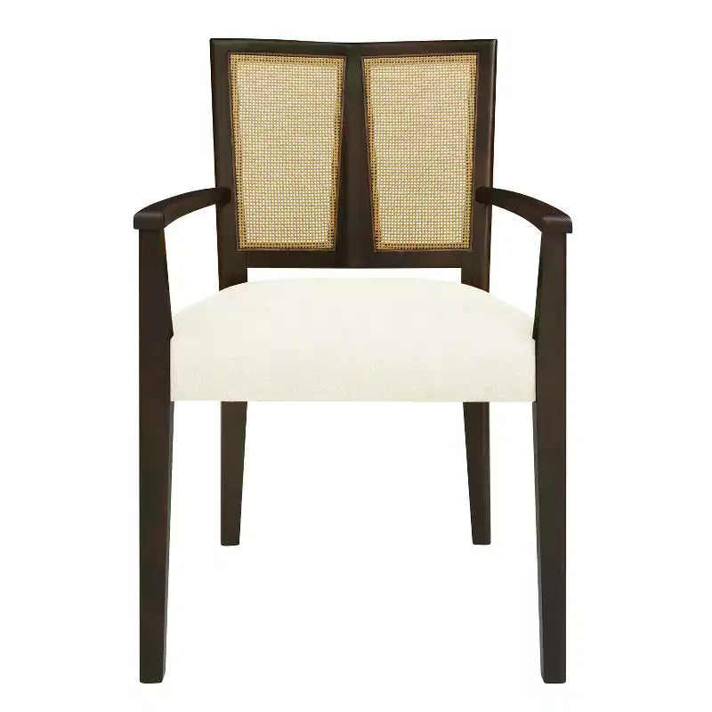 Sillas de Comedor Tapizadas con Brazos en Beige/Marrón Oscuro y Respaldo de Ratán, Juego de 2