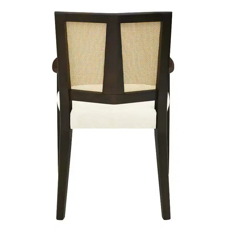 Sillas de Comedor Tapizadas con Brazos en Beige/Marrón Oscuro y Respaldo de Ratán, Juego de 2