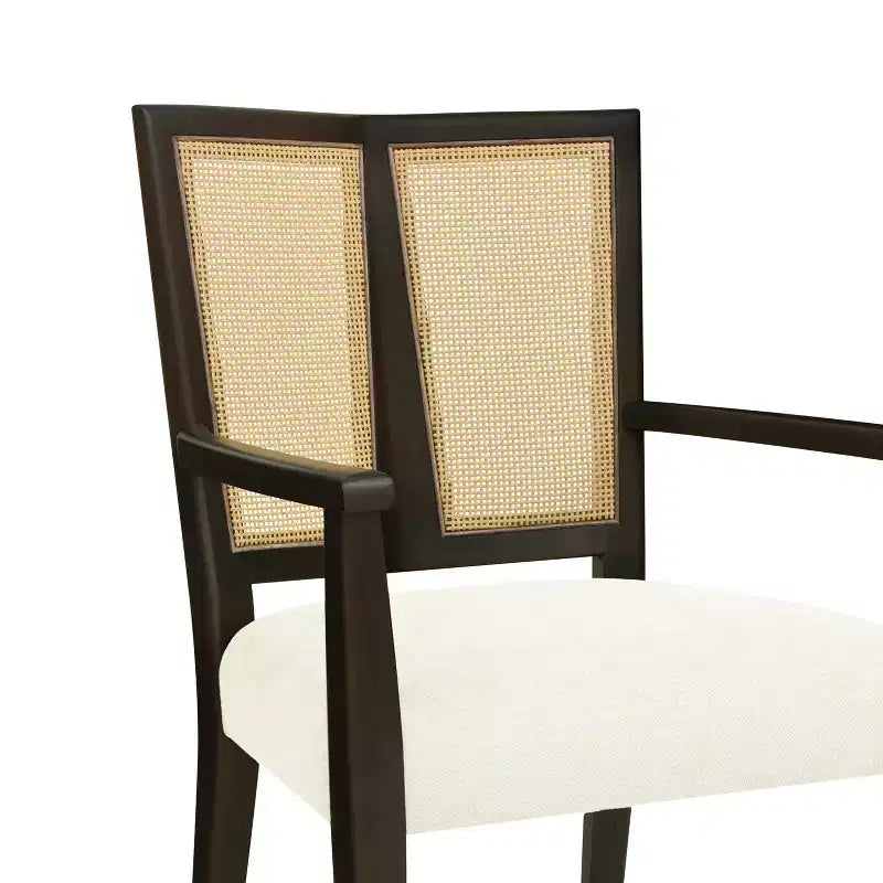 Sillas de Comedor Tapizadas con Brazos en Beige/Marrón Oscuro y Respaldo de Ratán, Juego de 2