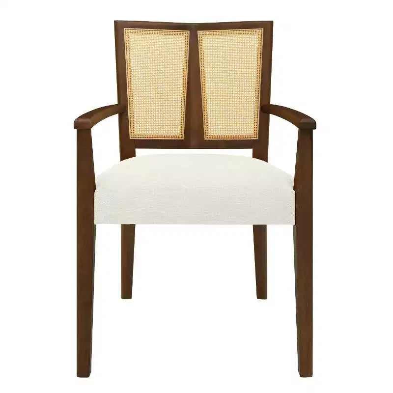 Sillas de Comedor Tapizadas con Brazos en Beige/Marrón Oscuro y Respaldo de Ratán, Juego de 2