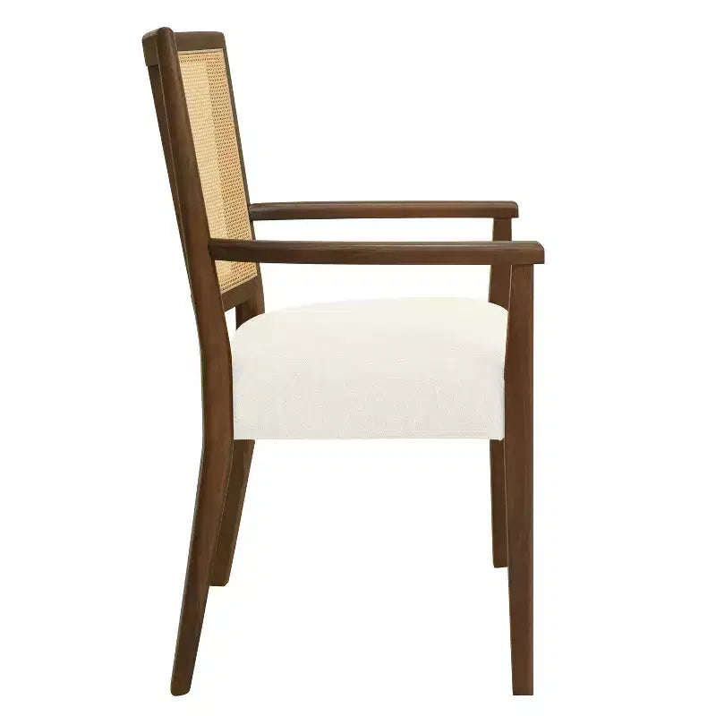 Sillas de Comedor Tapizadas con Brazos en Beige/Marrón Oscuro y Respaldo de Ratán, Juego de 2