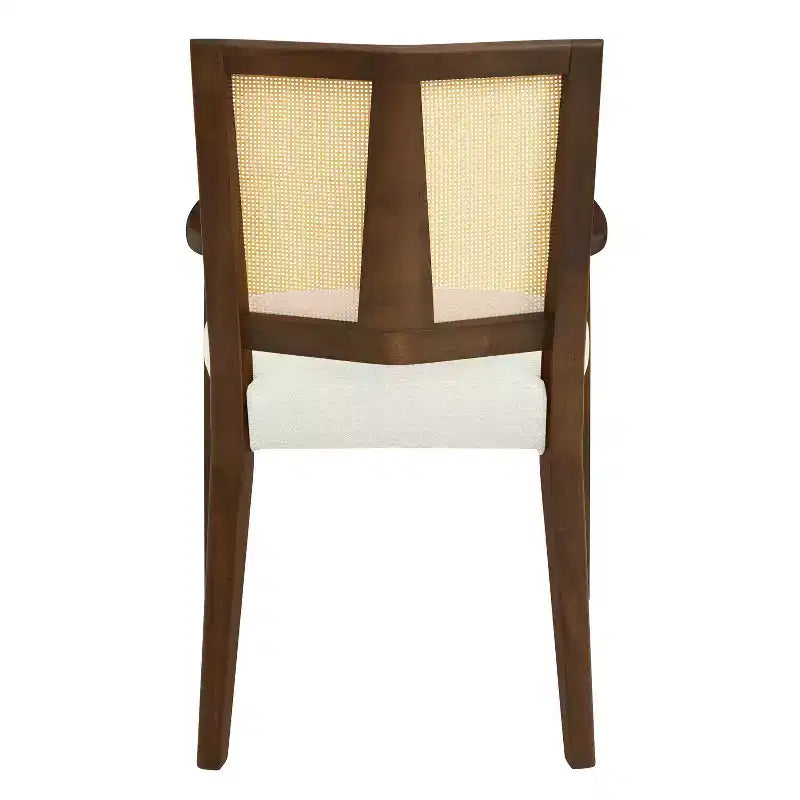 Sillas de Comedor Tapizadas con Brazos en Beige/Marrón Oscuro y Respaldo de Ratán, Juego de 2