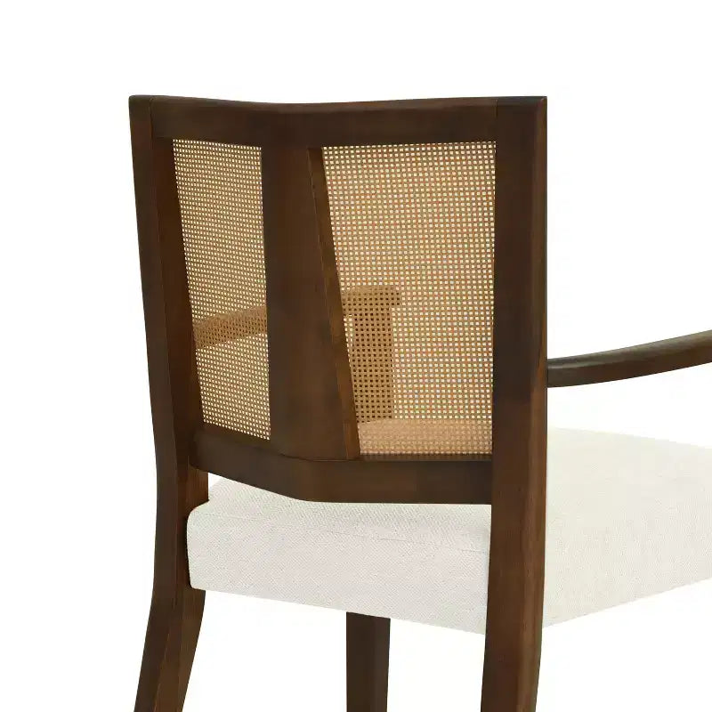 Sillas de Comedor Tapizadas con Brazos en Beige/Marrón Oscuro y Respaldo de Ratán, Juego de 2