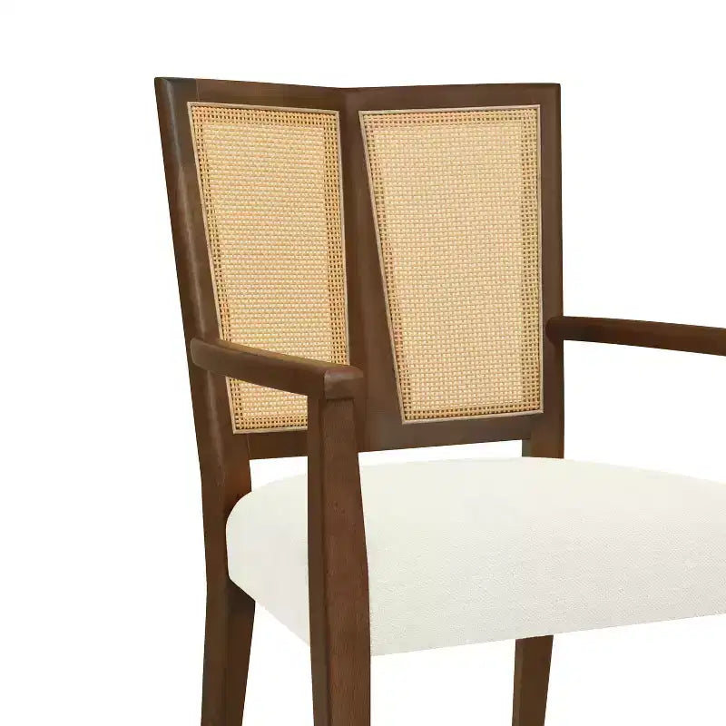 Sillas de Comedor Tapizadas con Brazos en Beige/Marrón Oscuro y Respaldo de Ratán, Juego de 2