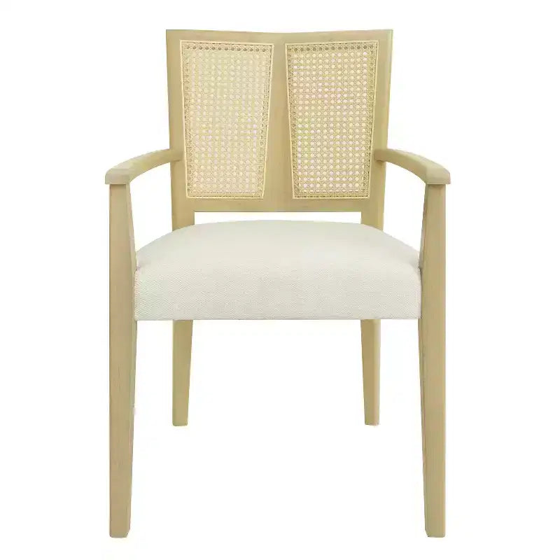 Sillas de Comedor Tapizadas con Brazos en Beige/Marrón Oscuro y Respaldo de Ratán, Juego de 2