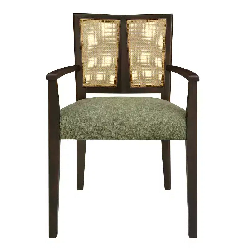 Sillas de Comedor Tapizadas con Brazos en Beige/Marrón Oscuro y Respaldo de Ratán, Juego de 2