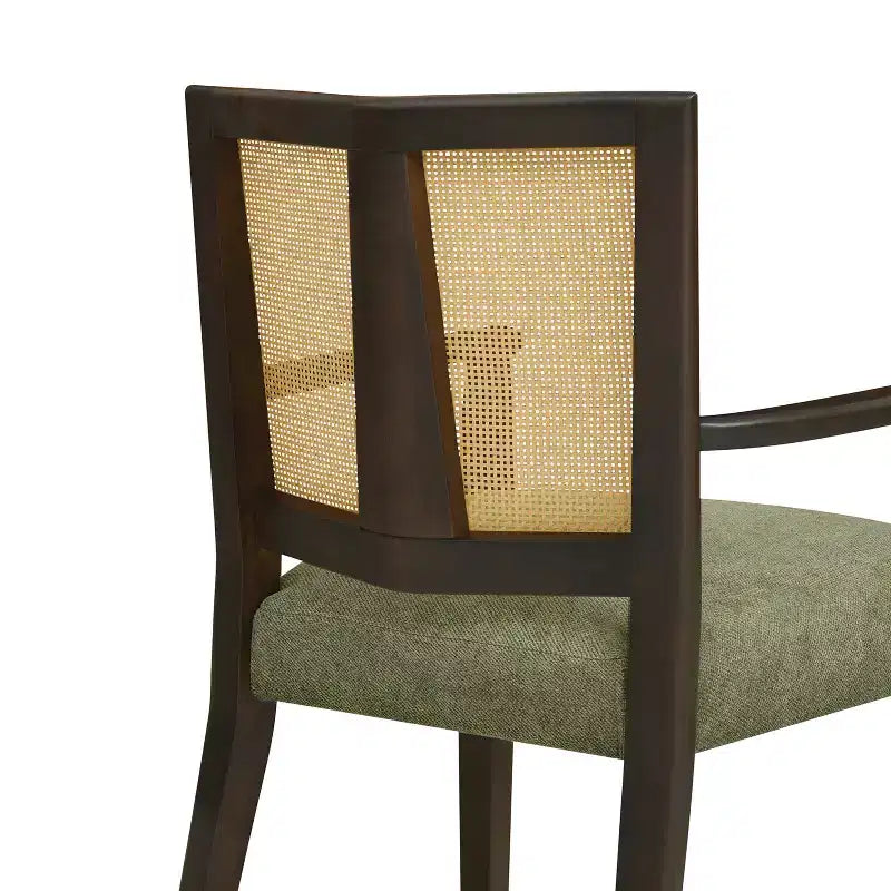Sillas de Comedor Tapizadas con Brazos en Beige/Marrón Oscuro y Respaldo de Ratán, Juego de 2