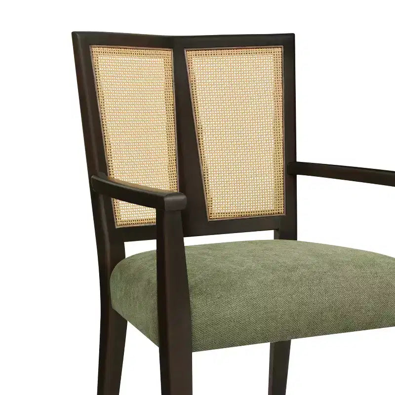 Sillas de Comedor Tapizadas con Brazos en Beige/Marrón Oscuro y Respaldo de Ratán, Juego de 2