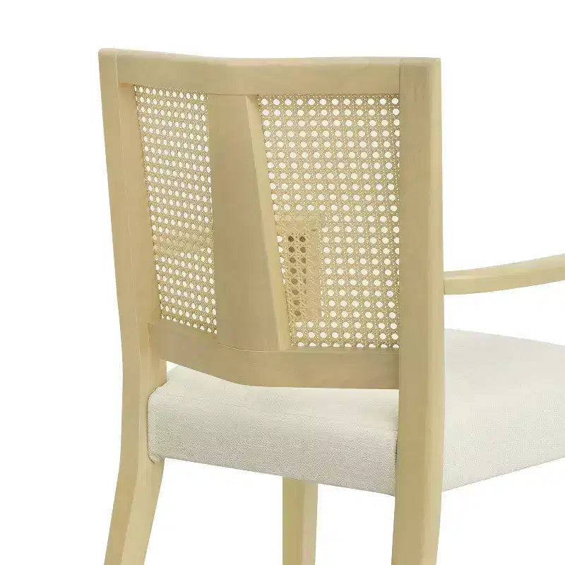 Sillas de Comedor Tapizadas con Brazos en Beige/Marrón Oscuro y Respaldo de Ratán, Juego de 2