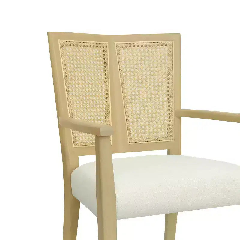 Sillas de Comedor Tapizadas con Brazos en Beige/Marrón Oscuro y Respaldo de Ratán, Juego de 2
