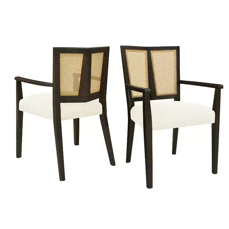 Sillas de Comedor Tapizadas con Brazos en Beige/Marrón Oscuro y Respaldo de Ratán, Juego de 2
