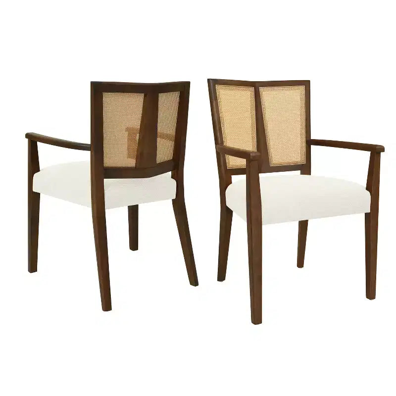 Sillas de Comedor Tapizadas con Brazos en Beige/Marrón Oscuro y Respaldo de Ratán, Juego de 2
