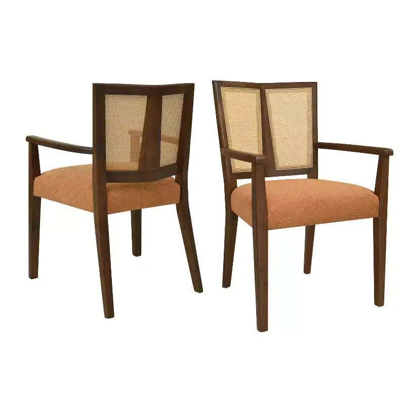Sillas de Comedor Tapizadas con Brazos en Beige/Marrón Oscuro y Respaldo de Ratán, Juego de 2