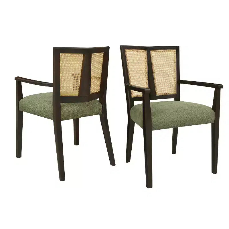Sillas de Comedor Tapizadas con Brazos en Beige/Marrón Oscuro y Respaldo de Ratán, Juego de 2