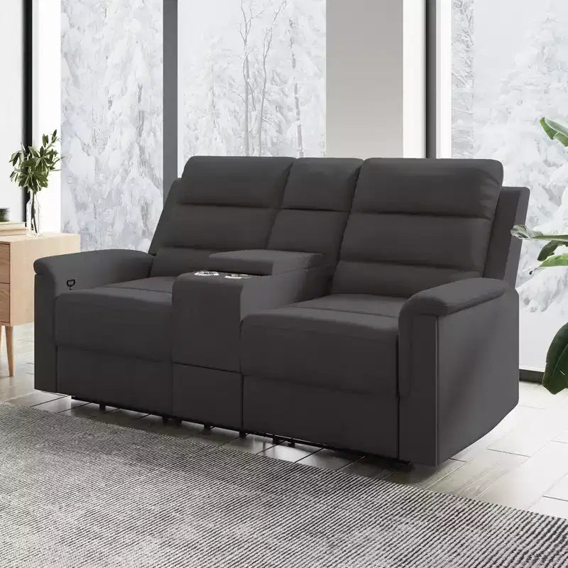 Sofá reclinable de tela tecnológica beige/gris, 2 asientos, respaldo y reposapiés ajustables