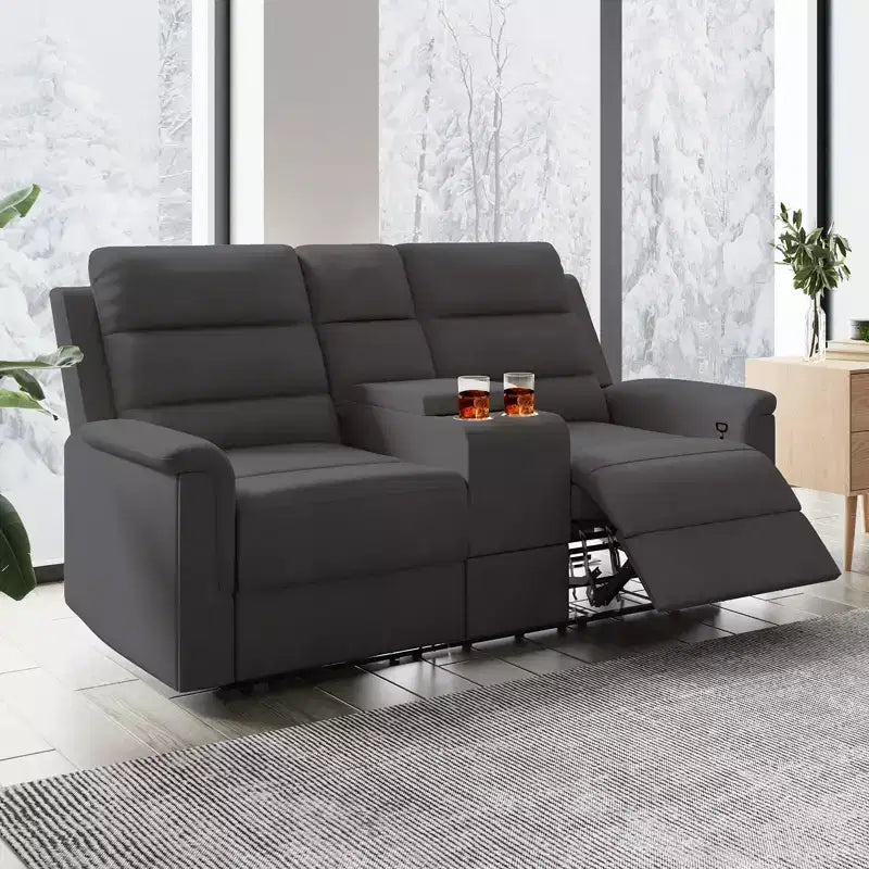 Sofá reclinable de tela tecnológica beige/gris, 2 asientos, respaldo y reposapiés ajustables