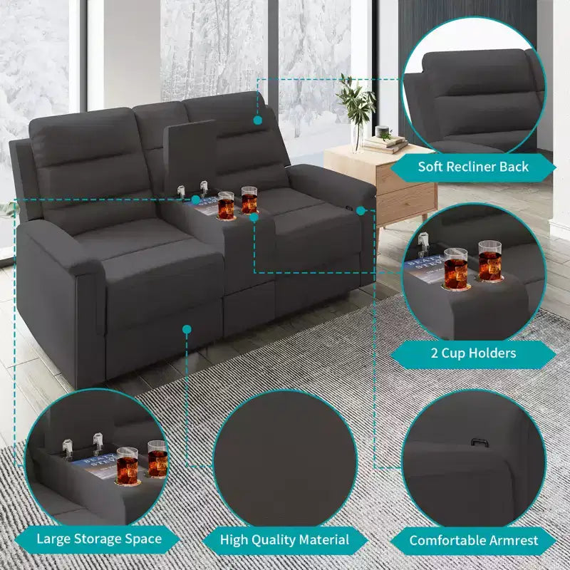 Sofá reclinable de tela tecnológica beige/gris, 2 asientos, respaldo y reposapiés ajustables