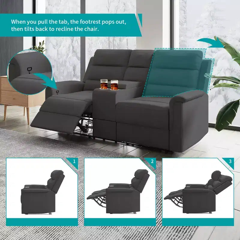 Sofá reclinable de tela tecnológica beige/gris, 2 asientos, respaldo y reposapiés ajustables