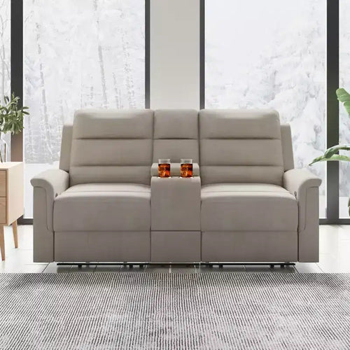 Sofá reclinable de tela tecnológica beige/gris, 2 asientos, respaldo y reposapiés ajustables