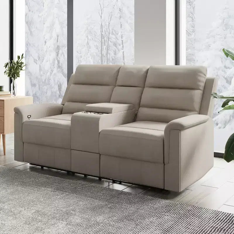 Sofá reclinable de tela tecnológica beige/gris, 2 asientos, respaldo y reposapiés ajustables
