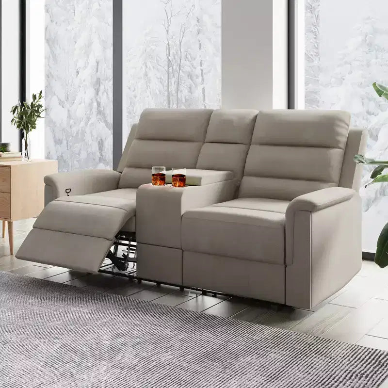 Sofá reclinable de tela tecnológica beige/gris, 2 asientos, respaldo y reposapiés ajustables