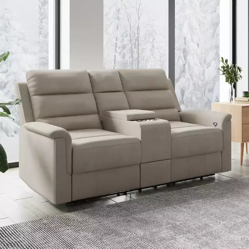Sofá reclinable de tela tecnológica beige/gris, 2 asientos, respaldo y reposapiés ajustables