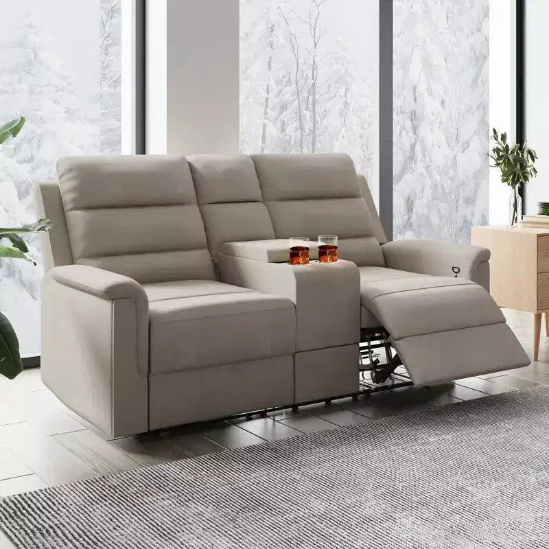 Sofá reclinable de tela tecnológica beige/gris, 2 asientos, respaldo y reposapiés ajustables