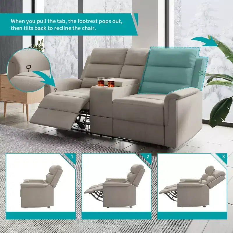 Sofá reclinable de tela tecnológica beige/gris, 2 asientos, respaldo y reposapiés ajustables