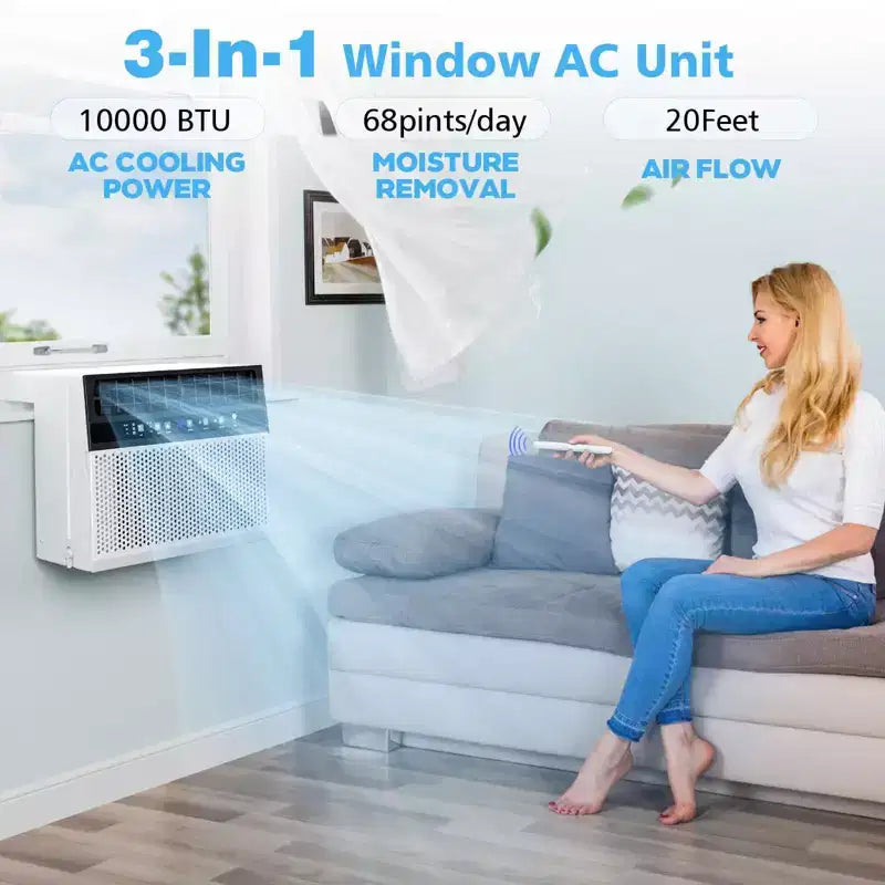 Climatiseur de fenêtre 10 000 BTU, unité de climatisation de fenêtre 3 en 1 pour pièce refroidit jusqu'à 42 m², mode économie d'énergie, 3 vitesses de ventilation et fonctionnement silencieux