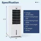 Refroidisseur d'air évaporatif/Chauffage 4-en-1 Costway, rafraîchisseur d'air sans évacuation mural oscillant 3 modes