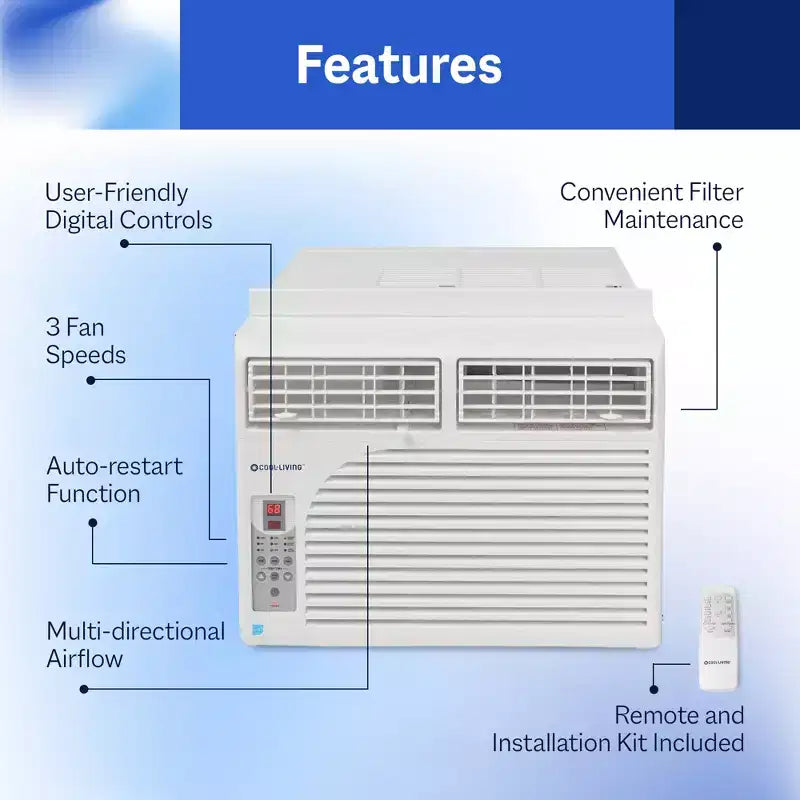 Climatiseur de fenêtre Cool-Living 10 000 BTU avec kit d'installation et télécommande, rafraîchit les pièces jusqu'à 42 mètres carrés, blanc