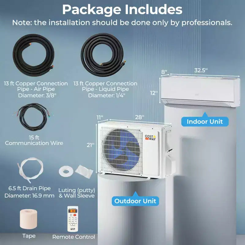 Climatiseur et Chauffage Mini Split Costway 12000 BTU avec Kit d'Installation Pompe à Chaleur 1 Tonne