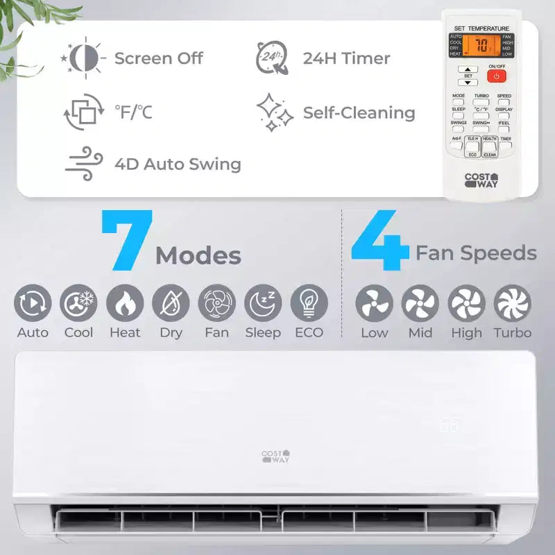 Climatiseur et Chauffage Mini Split Costway 12000 BTU avec Kit d'Installation Pompe à Chaleur 1 Tonne