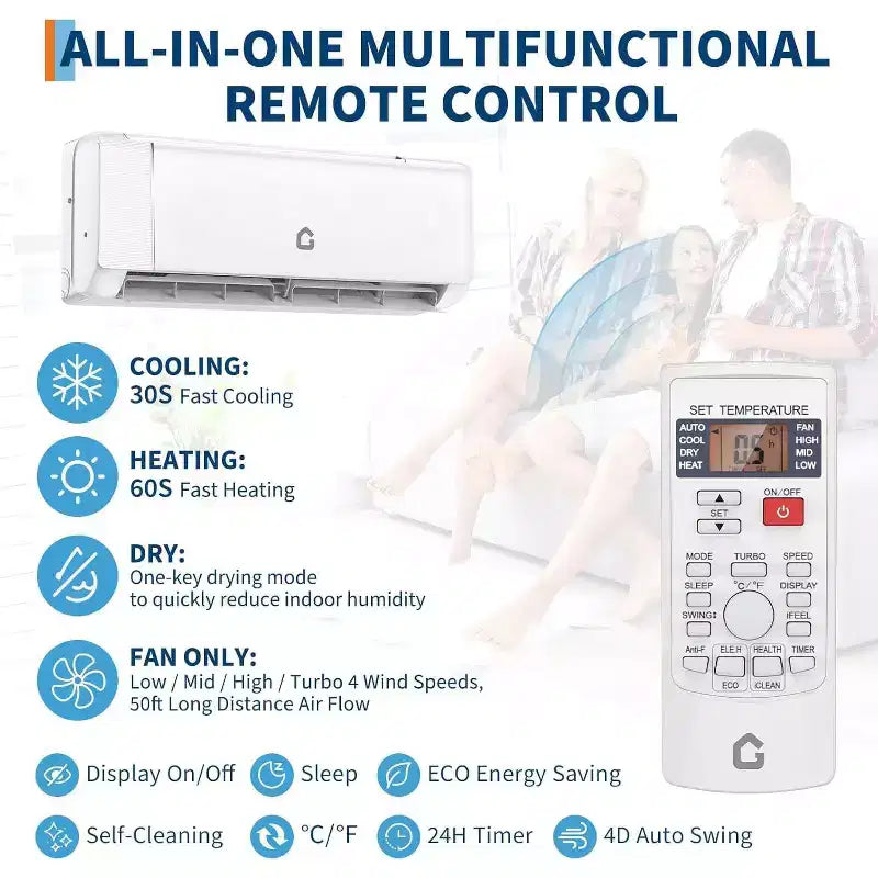 Climatiseur bibloc mural sans conduit 18000 BTU avec Wi-Fi, SEER2 19, 208-230V, Inverter, compatible Alexa