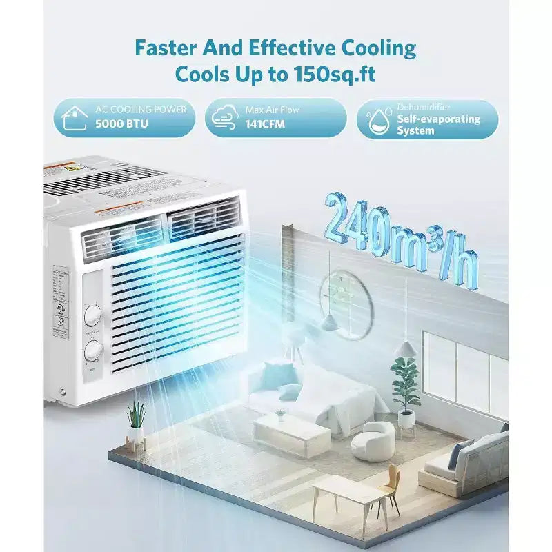 Climatiseur de fenêtre ZAFRO 5 000 BTU, refroidit jusqu'à 14 m², unité de climatisation de fenêtre ultra silencieuse avec commandes mécaniques, 2 vitesses de ventilation
