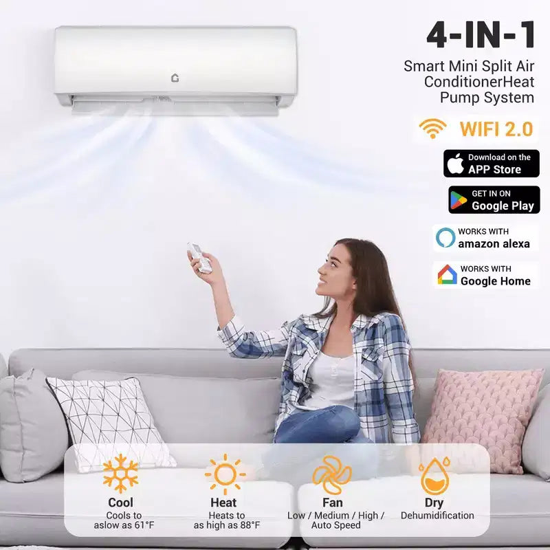 Climatiseur mini-split 9000 BTU, compatible Wi-Fi 20 SEER2 230V, sans conduit, refroidit jusqu'à 42 m², climatiseur sans conduit à inverseur, blanc