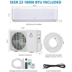 Climatiseur 18 000 BTU 23 SEER, refroidit une pièce jusqu'à 116 m², Mini split mural sans conduit avec pompe à chaleur et kit d'installation de 5 m, système split, blanc